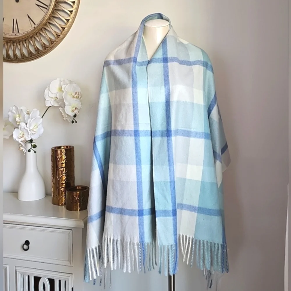Pretty Pursuasians Scarf Pale Blue White Gray Fringe Scarf Wrap